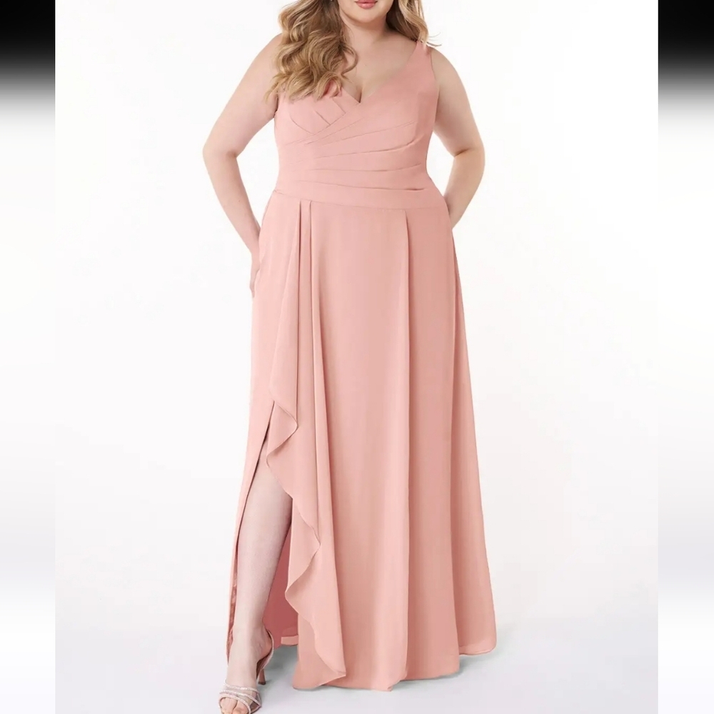 Azazie Kori Champagne Rose A-Line Pleated Chiffon Dress Size 16 NWT